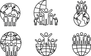 Collection of line art icons depicting people and the earth globe