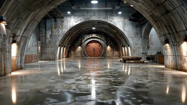 Spacious, abandoned military bunker with worn metallic walls, scattered equipment, and a bright red door at the end of the hall, giving an industrial, post-apocalyptic feel