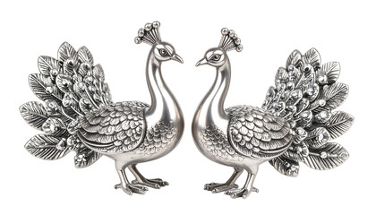 Naklejka premium Exquisite silver peacock sculptures showcasing intricate details and elegant designs, perfect for luxury home decor, showcasing artistry and craftsmanship in metallic finishes