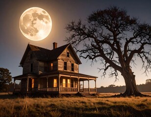 Haunted Moonlight House: Spooky Abandoned Farmhouse at Night