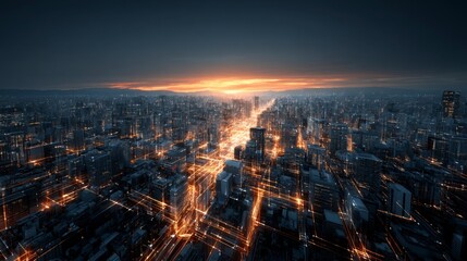 Obraz premium Luminous Futuristic Downtown View at Dusk with Vibrant Lights