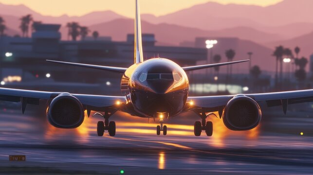 Airplane Landing at Sunset: Breathtaking Aerial View of Jetliner Touchdown on Runway