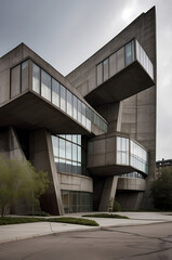 Fototapeta premium Modern Brutalist Architecture: Concrete Building Exterior with Unique Angular Shapes and Large Glass Windows in Contemporary Urban Landscape Photography.