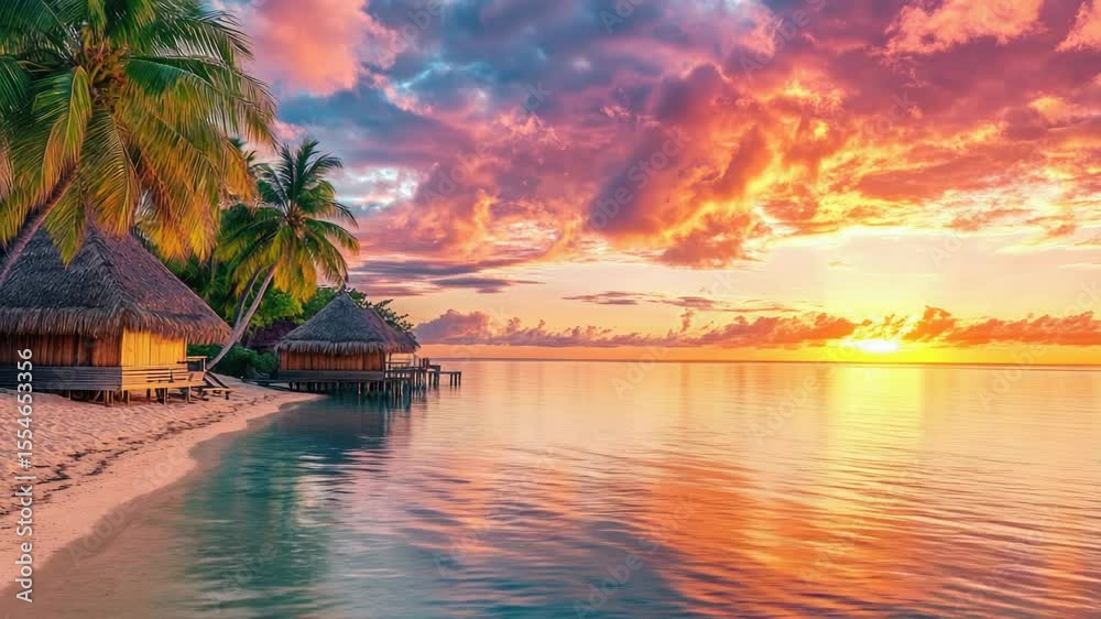 Poster cozy beach scene with a small hut and palm trees at sunset
