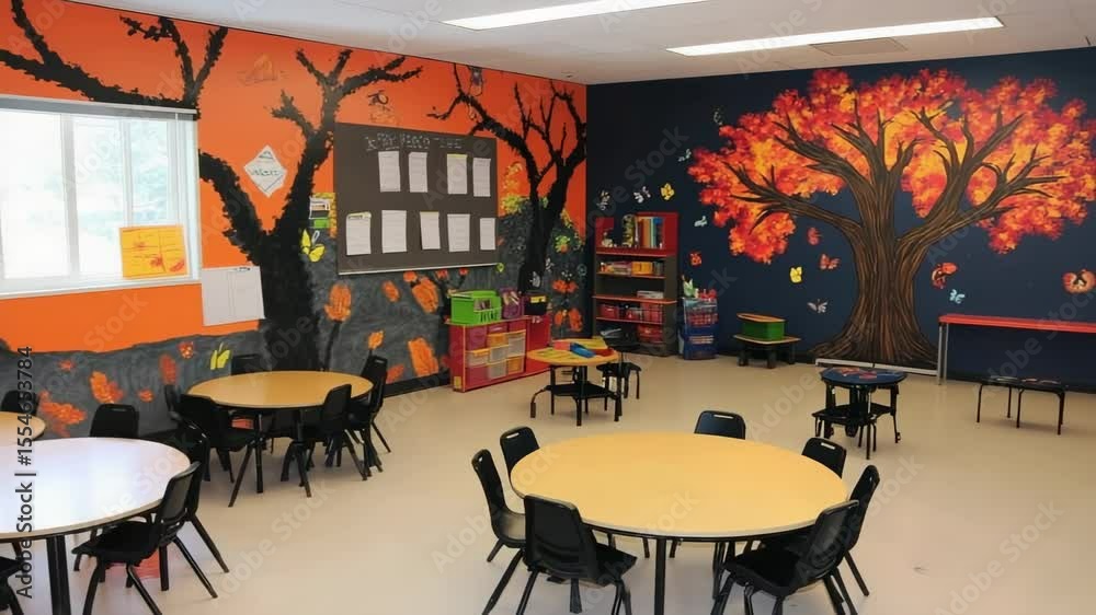 Poster Round tables and small chairs stand in an empty classroom decorated with a vibrant autumn tree and butterflies painting, creating a cheerful and inspiring learning environment for young children