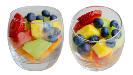 close up of a colorful fruit salad in small glass bowl isolated on white, side view, top view.