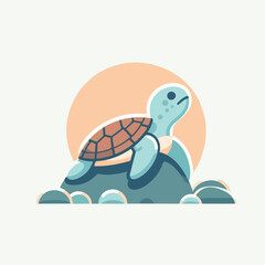 image of a small turtle resting on a rock with a simple and minimalist flat design using a white background