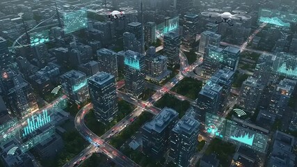 Aerial view of a futuristic city with drones flying over traffic and digital data overlays in the background - Powered by Adobe