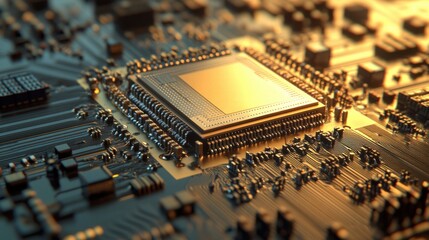 Closeup Gold Microprocessor on Circuit Board High-Tech Technology