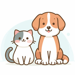image of a dog and a cat sitting side by side with a simple and minimalist flat design using a white background