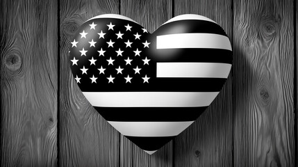 American Flag Heart Shape On Wood Background Monochrome Patriotic Symbol Of United States Of America