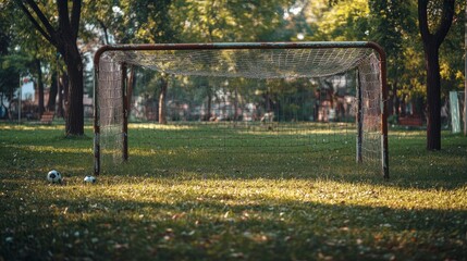 Obraz premium Rusty soccer goal in a park with a ball.
