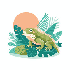 image of a small iguana on a tropical leaf with a simple and minimalist flat design using a white background