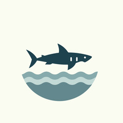 image of a shark swimming in the sea with a simple and minimalist flat design using a white background
