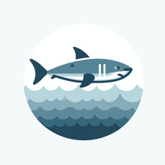image of a shark swimming in the sea with a simple and minimalist flat design using a white background