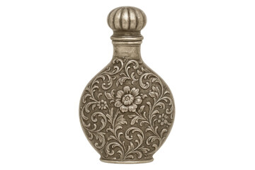 Ornate silver perfume bottle showcasing intricate floral designs, isolated on a transparent background