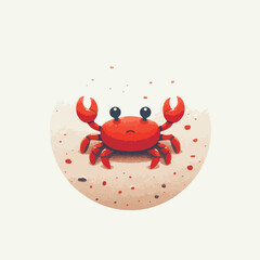 image of a red crab on the beach sand with a simple and minimalist flat design using a white background