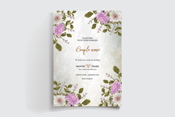 WEDDING INVITATION FRAME WITH FLOWER DECORATIONS AND FRESH LEAVES