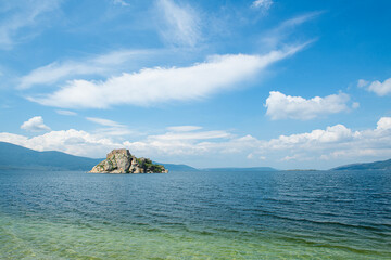 Bafa Lake in sunny weather. Historical castle and city wall ruins in Bafa Lake. Magnificent Bafa...