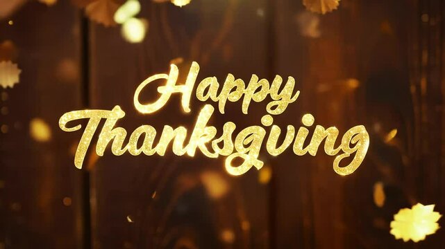 Glittery Happy Thanksgiving over wood with golden leaves falling