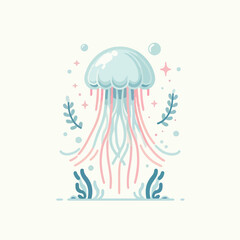 Transparent jellyfish image with simple and minimalist flat design using a white background