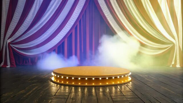 Captivating stage scene featuring a round illuminated platform before dramatic red and white striped curtains