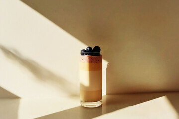 A colorful smoothie bowl topped with banana slices and blackberries sits on a kitchen table, illuminated by sunlight, alongside a banana and a bowl of berries