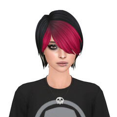 A beautiful queer, deviant emo woman with rebellious 2000s hair, wearing black clothes, isolated portrait