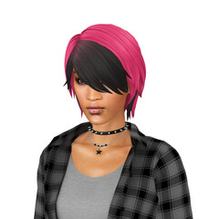 A beautiful queer, deviant emo woman with rebellious 2000s hair, wearing black clothes, isolated portrait