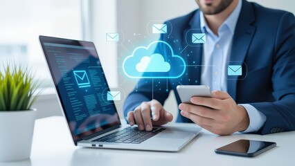 Business Professional Managing Emails on Smartphone and Laptop