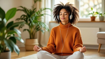 Young Woman Meditating with Headphones in Cozy Room
