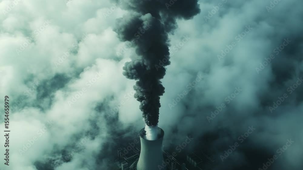 Poster image of a smokestack rising into the sky from a building, possibly industrial or urban setting