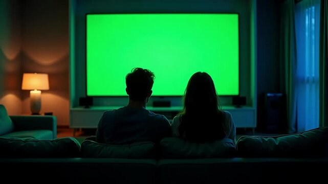 Couple watching green screen tv in dark living room with lamp and sofa in the background view from behind 4k video