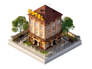 Isometric 3D render of boutique hotel building exterior, European architecture. Hospitality industry branding, tourism marketing, real estate development, architectural visualization in urban setting