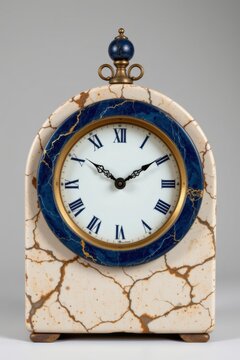 An antique vintage clock with a black face and white numbers hangs on an old stone wall of a city building under a blue sky