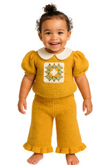 Adorable Toddler Standing in Colorful Summer Outfit: Cute Young Girl in Matching Crochet Set and Shoes Posing Against White Background