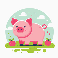 image of a pink pig standing on a green grass with apples around it with a simple and minimalist flat design using a white background