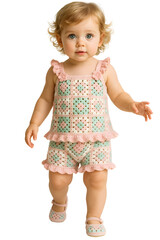 Adorable Toddler Standing in Colorful Summer Outfit: Cute Young Girl in Matching Crochet Set and Shoes Posing Against White Background