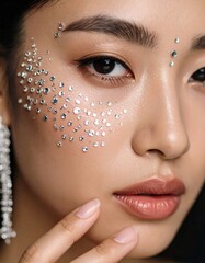 Asian Woman with Crystal Makeup, Beauty Portrait, and Closeup.