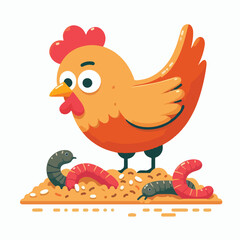image of a chicken pecking at seeds and worms with a simple and minimalist flat design using a white background