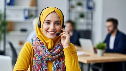 Friendly muslim woman in a hijab and headset works in a call center, smiling at the camera, a concept for customer service, corporate diversity and global business support - Powered by Adobe