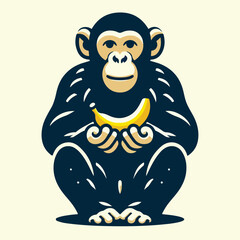 image of a chimpanzee carrying a banana and insects with a simple and minimalist flat design using a white background