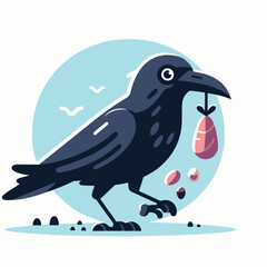 image of a crow standing while carrying meat and nuts with a simple and minimalist flat design using a white background