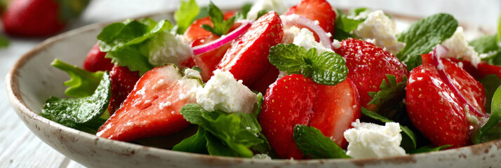 A seasonal breakfast showcases vibrant strawberries mixed with fresh mint and creamy cheese, creating a refreshing and healthy start to the day, banner