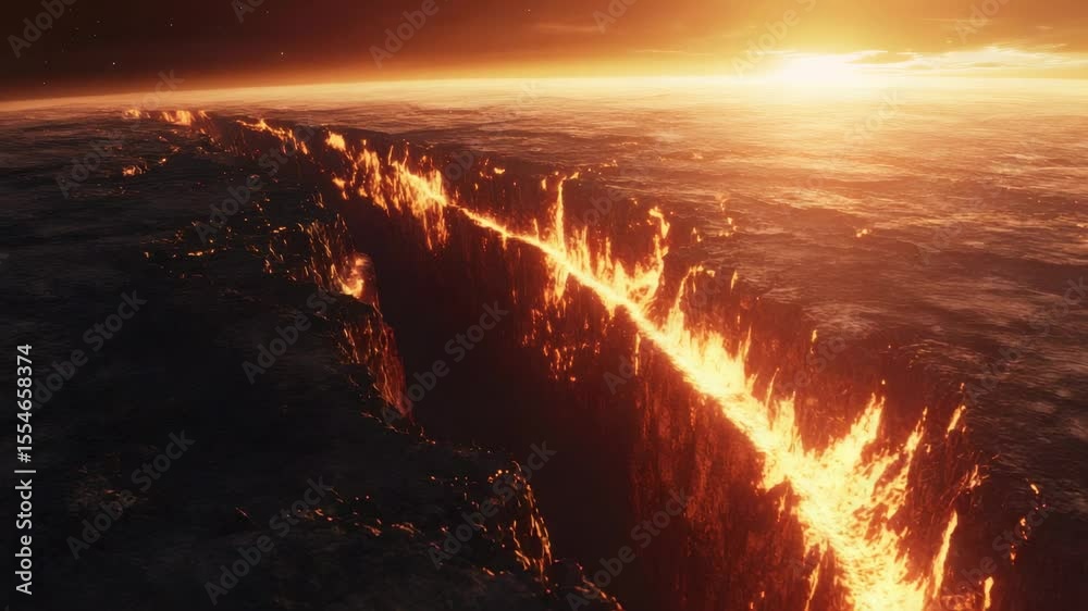 Poster planetary surface breaking apart with deep, fiery cracks spreading as burning lava erupts, revealing