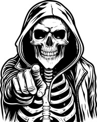 SVG of an urban gangster skeleton with a bold skull design in street style. 
 Detailed Vector Graphic of a Hooded Skeleton Pointing Directly Forward