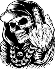 SVG of an urban gangster skeleton with a bold skull design in street style. 
 Gangsta Skeleton Posing with Middle Finger in Detailed Vector Art