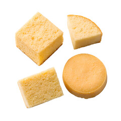Sponge cake pieces in three shapes including a square cube, round disc, and semi-circle all isolated on a transparent background for food photography or culinary use.