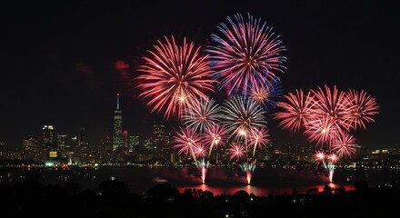 Spectacular Red, White, and Blue Fireworks Over a Vibrant City Skyline at Night