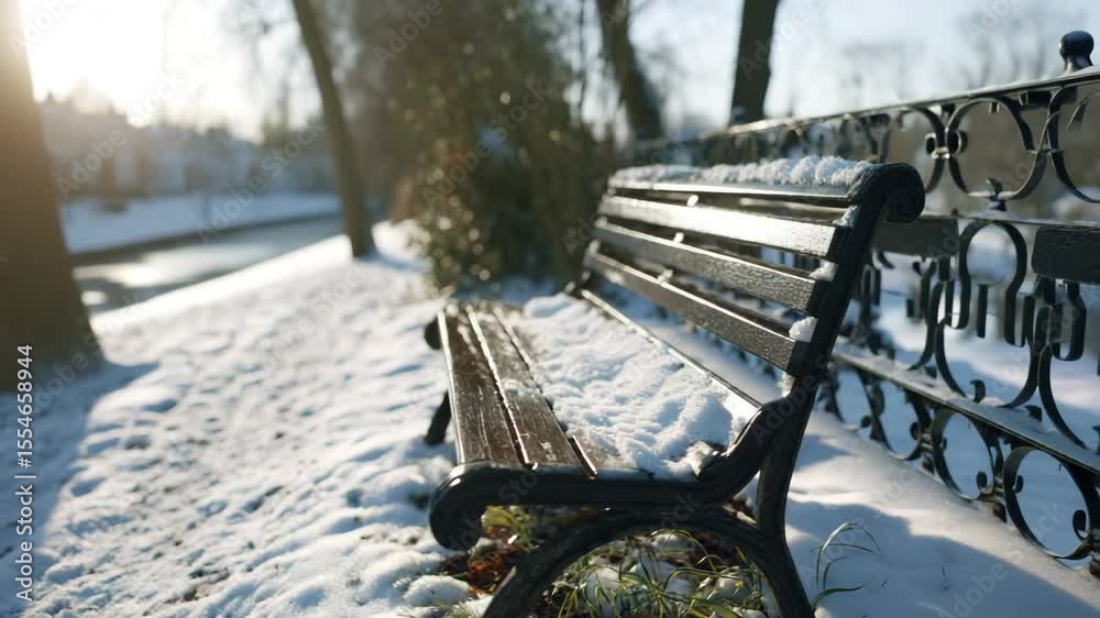 Poster the silence of a winter morning: an empty bench covered with fresh snow creates an atmosphere of cal